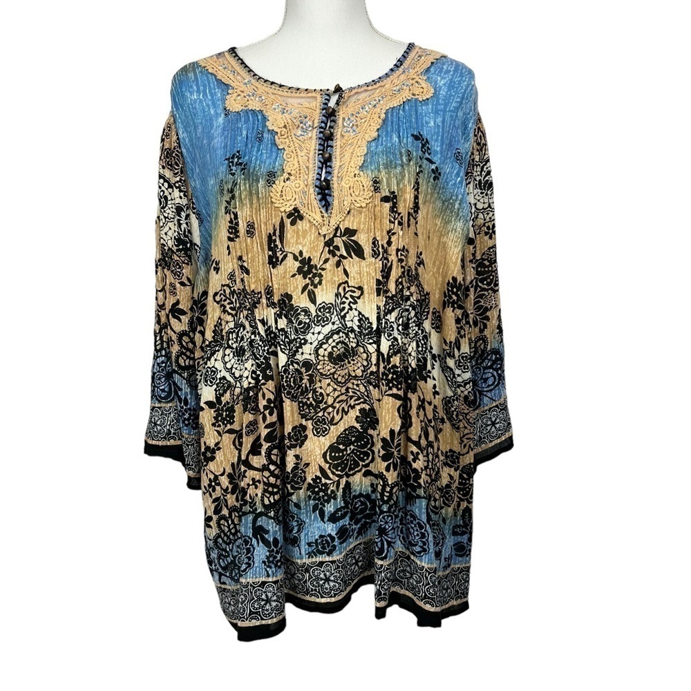 dressbarn Women’s Pullover Krinkle Top Sz 3X Multi Colors Embroidery/Crochet